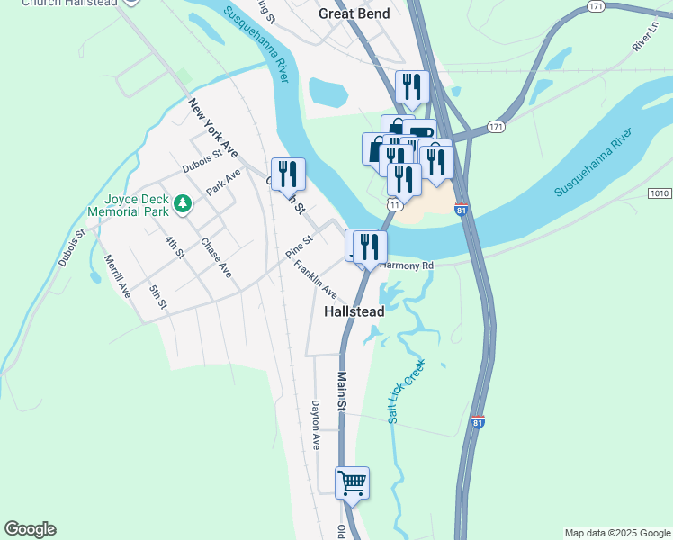 map of restaurants, bars, coffee shops, grocery stores, and more near 15 William Street in Hallstead
