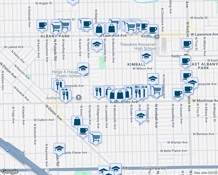 map of restaurants, bars, coffee shops, grocery stores, and more near 3651 West Sunnyside Avenue in Chicago