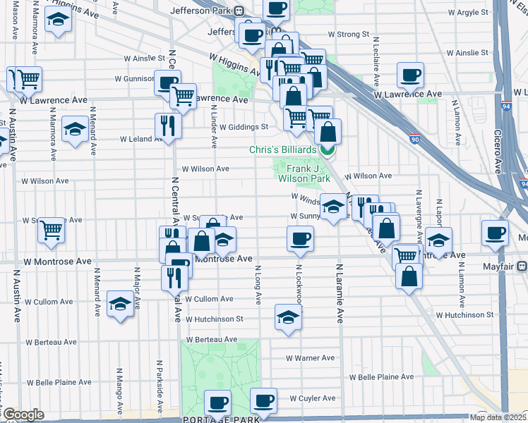 map of restaurants, bars, coffee shops, grocery stores, and more near 5350 West Sunnyside Avenue in Chicago
