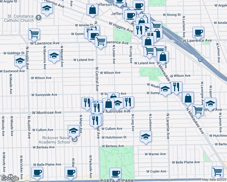 map of restaurants, bars, coffee shops, grocery stores, and more near 5500 West Sunnyside Avenue in Chicago
