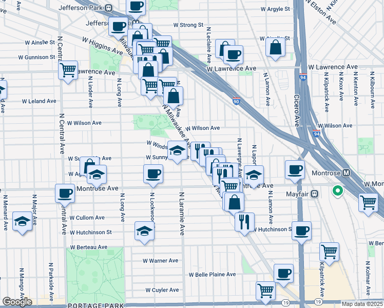 map of restaurants, bars, coffee shops, grocery stores, and more near 4440 North Milwaukee Avenue in Chicago