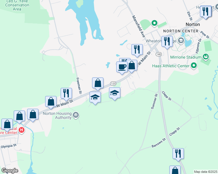 map of restaurants, bars, coffee shops, grocery stores, and more near 76 West Main Street in Norton
