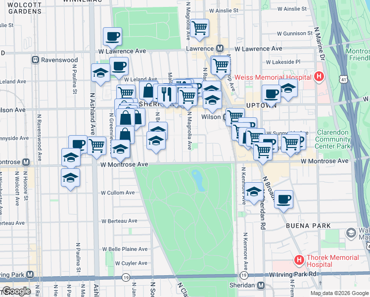 map of restaurants, bars, coffee shops, grocery stores, and more near 4430 North Magnolia Avenue in Chicago