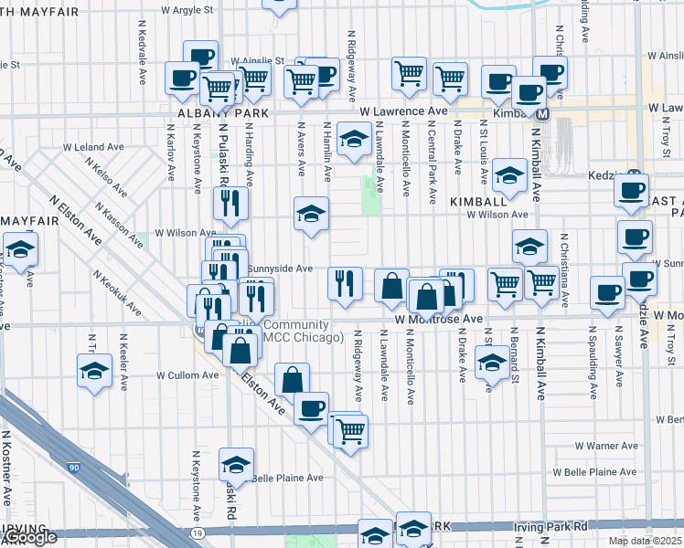 map of restaurants, bars, coffee shops, grocery stores, and more near 3749 West Sunnyside Avenue in Chicago