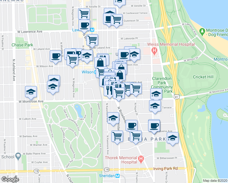 map of restaurants, bars, coffee shops, grocery stores, and more near 4431 North Broadway in Chicago