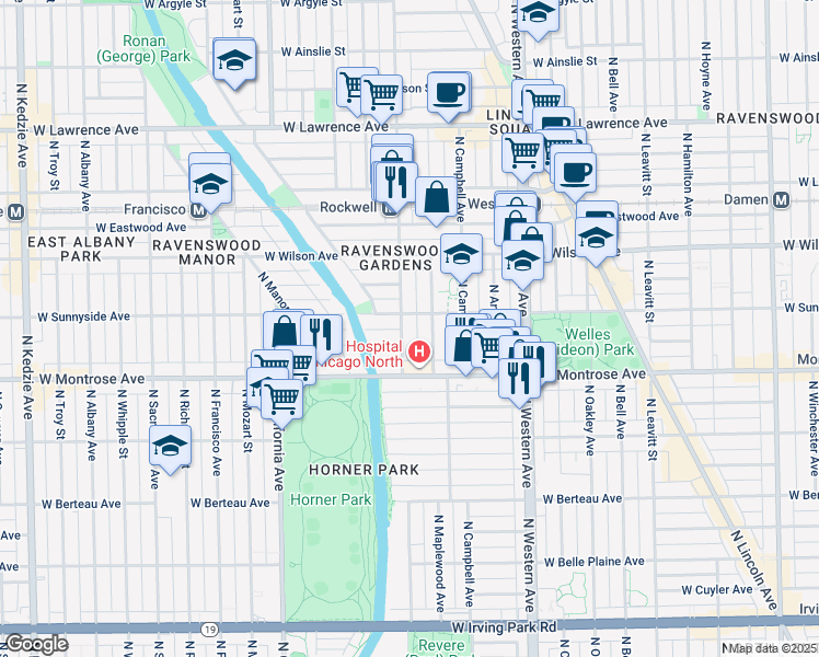 map of restaurants, bars, coffee shops, grocery stores, and more near 4438 North Maplewood Avenue in Chicago