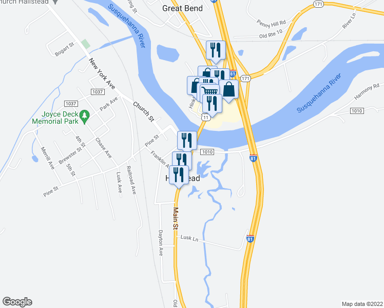 map of restaurants, bars, coffee shops, grocery stores, and more near 732 Main Street in Hallstead