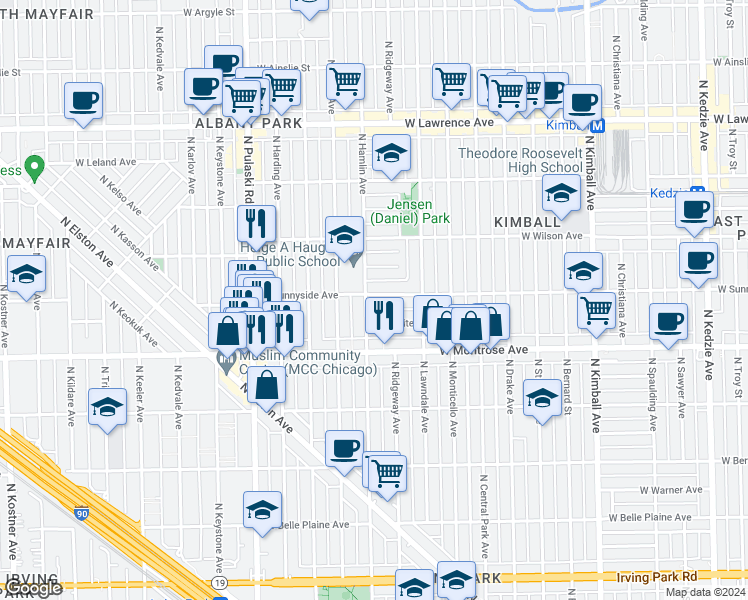 map of restaurants, bars, coffee shops, grocery stores, and more near 3755 West Sunnyside Avenue in Chicago