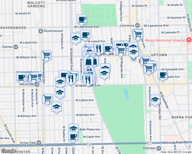 map of restaurants, bars, coffee shops, grocery stores, and more near 4415 North Clark Street in Chicago
