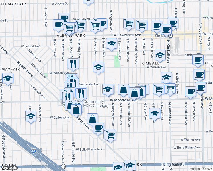 map of restaurants, bars, coffee shops, grocery stores, and more near 4446 North Hamlin Avenue in Chicago