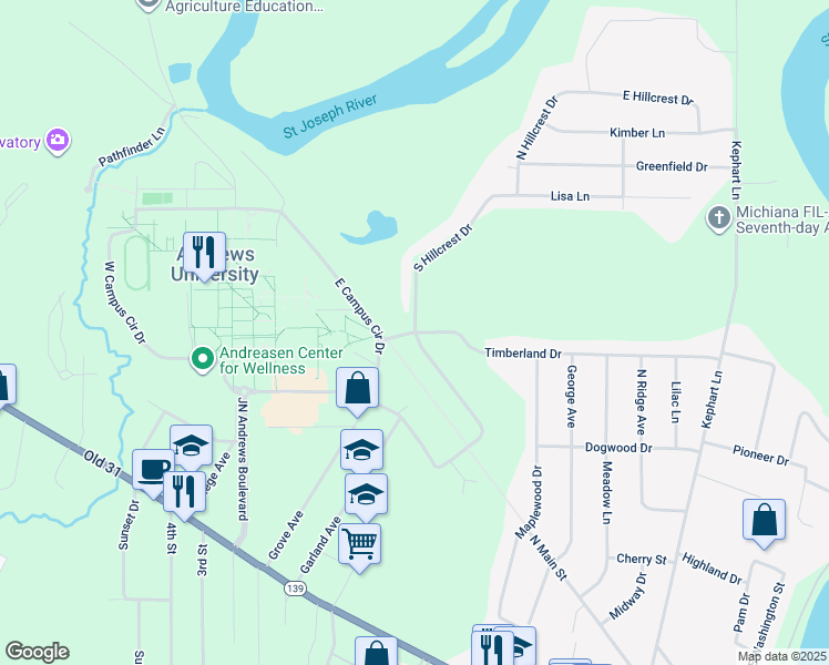 map of restaurants, bars, coffee shops, grocery stores, and more near 4500 Timberland Drive in Berrien Springs