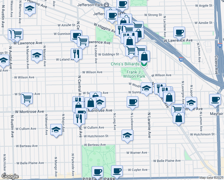 map of restaurants, bars, coffee shops, grocery stores, and more near 4500 North Long Avenue in Chicago