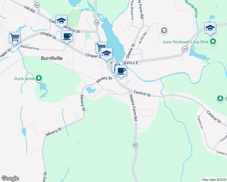 map of restaurants, bars, coffee shops, grocery stores, and more near 182 Jefferson Road in Burrillville