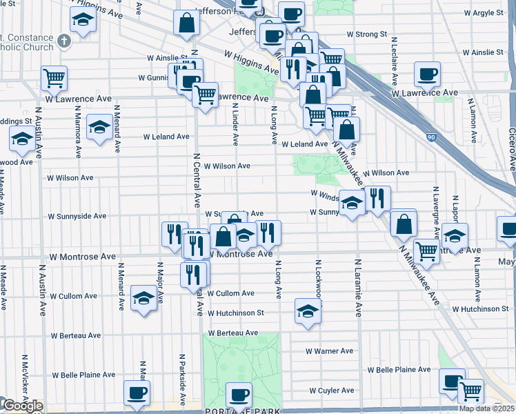 map of restaurants, bars, coffee shops, grocery stores, and more near 5428i West Sunnyside Avenue in Chicago