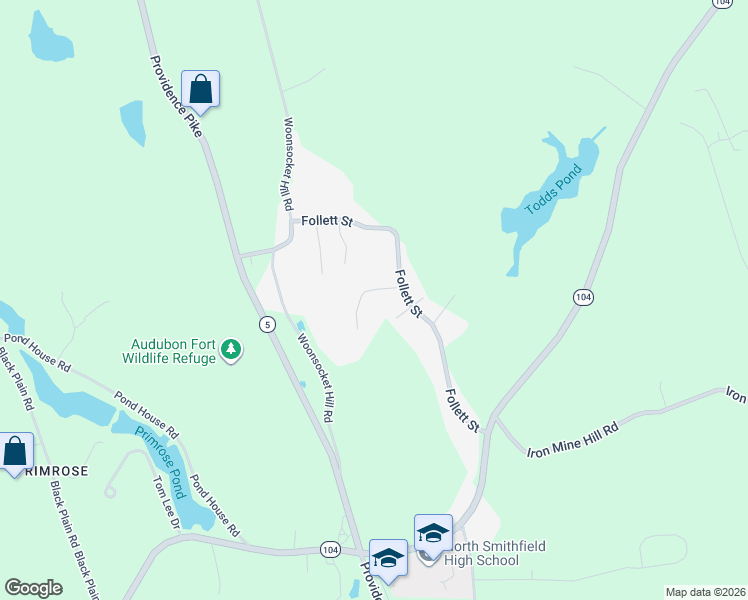 map of restaurants, bars, coffee shops, grocery stores, and more near 10 Sky View Rd in North Smithfield