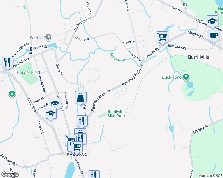 map of restaurants, bars, coffee shops, grocery stores, and more near 370 Pascoag Main Street in Burrillville