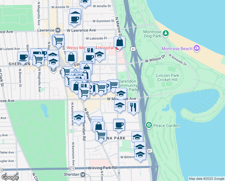 map of restaurants, bars, coffee shops, grocery stores, and more near 825 West Agatite Avenue in Chicago