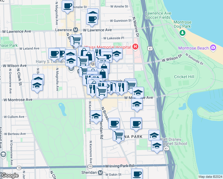 map of restaurants, bars, coffee shops, grocery stores, and more near in Chicago