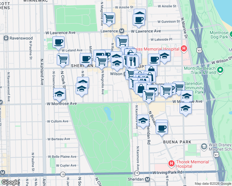 map of restaurants, bars, coffee shops, grocery stores, and more near 4418 North Clifton Avenue in Chicago