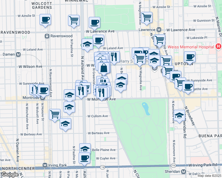 map of restaurants, bars, coffee shops, grocery stores, and more near 4415 North Clark Street in Chicago