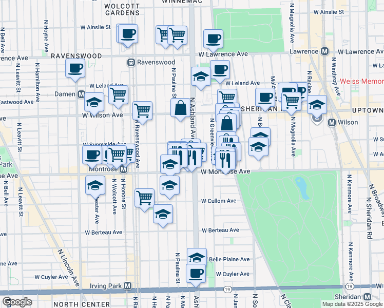 map of restaurants, bars, coffee shops, grocery stores, and more near 4433 North Ashland Avenue in Chicago