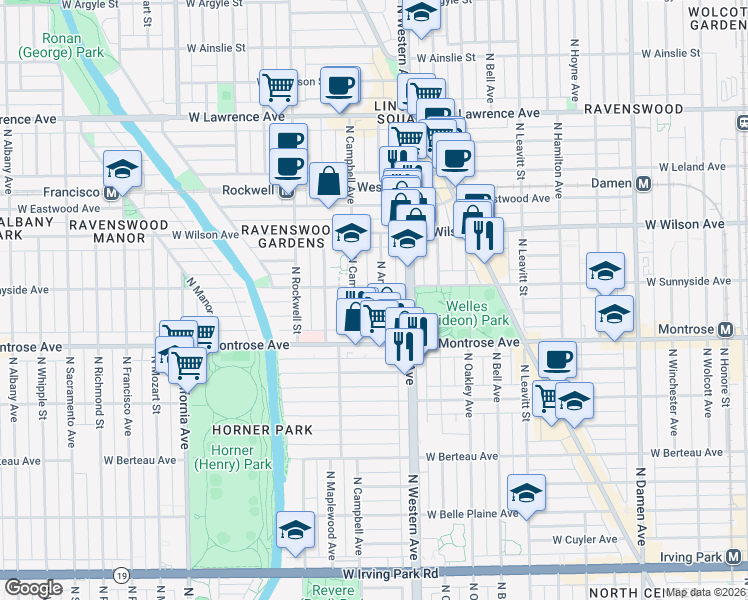 map of restaurants, bars, coffee shops, grocery stores, and more near 4438 North Artesian Avenue in Chicago