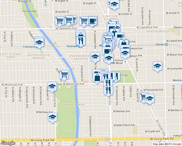 map of restaurants, bars, coffee shops, grocery stores, and more near 4440 North Campbell Avenue in Chicago