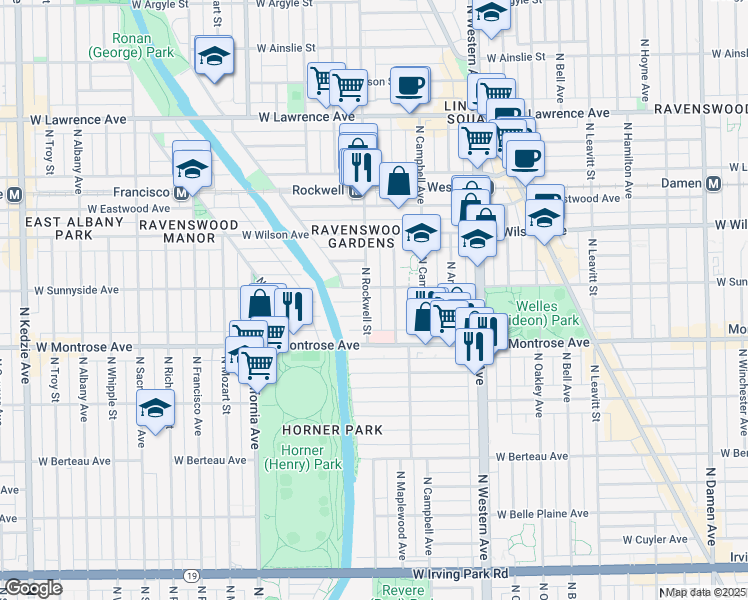 map of restaurants, bars, coffee shops, grocery stores, and more near 4438 North Maplewood Avenue in Chicago