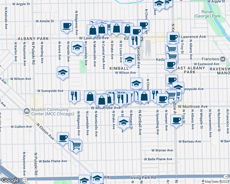 map of restaurants, bars, coffee shops, grocery stores, and more near 4446 North Drake Avenue in Chicago