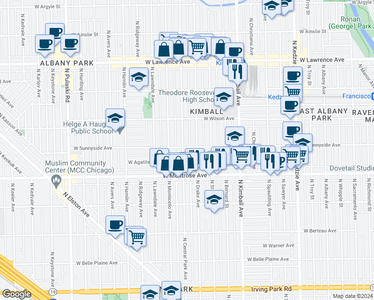 map of restaurants, bars, coffee shops, grocery stores, and more near 4446 North Drake Avenue in Chicago