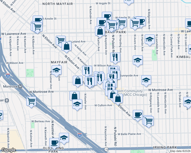 map of restaurants, bars, coffee shops, grocery stores, and more near 4468 North Kasson Avenue in Chicago