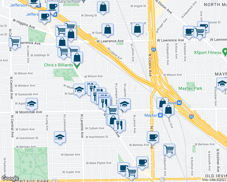map of restaurants, bars, coffee shops, grocery stores, and more near 5012 West Sunnyside Avenue in Chicago
