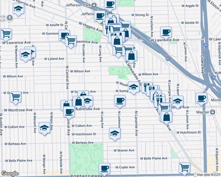 map of restaurants, bars, coffee shops, grocery stores, and more near 5311 West Sunnyside Avenue in Chicago