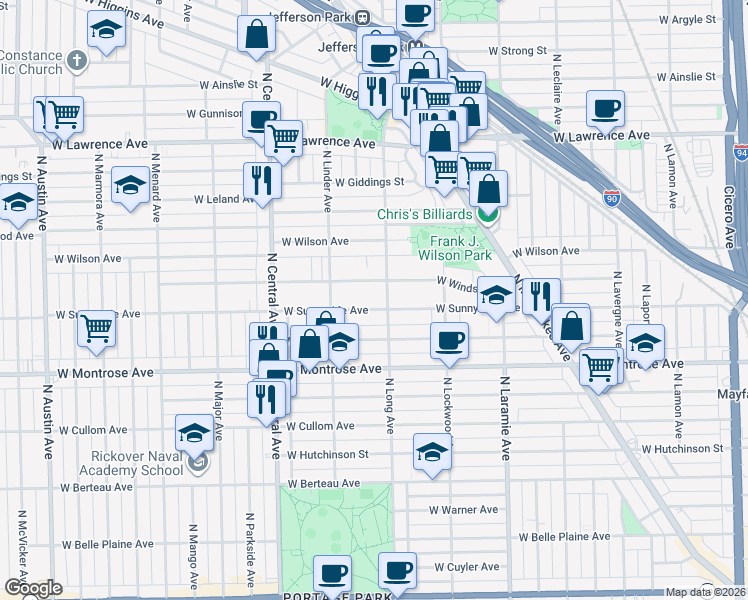 map of restaurants, bars, coffee shops, grocery stores, and more near 5428i West Sunnyside Avenue in Chicago