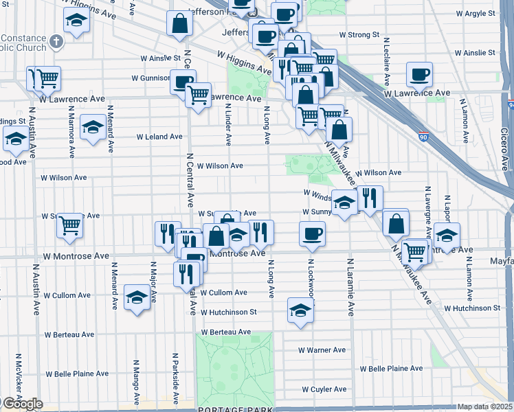 map of restaurants, bars, coffee shops, grocery stores, and more near 5428i West Sunnyside Avenue in Chicago