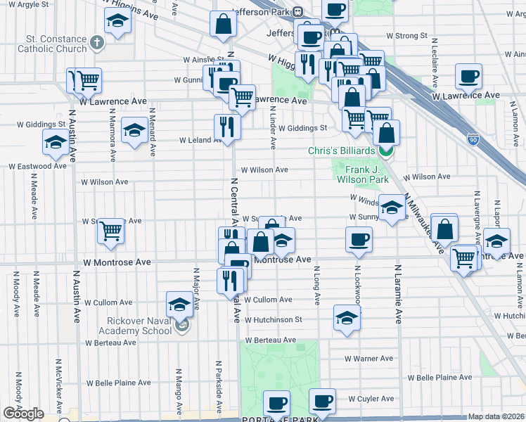 map of restaurants, bars, coffee shops, grocery stores, and more near 5500 West Sunnyside Avenue in Chicago