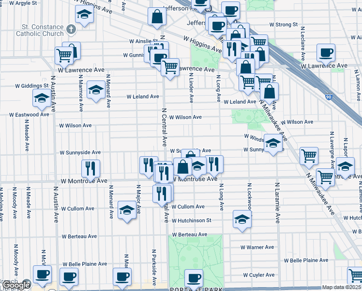 map of restaurants, bars, coffee shops, grocery stores, and more near 5532 West Sunnyside Avenue in Chicago