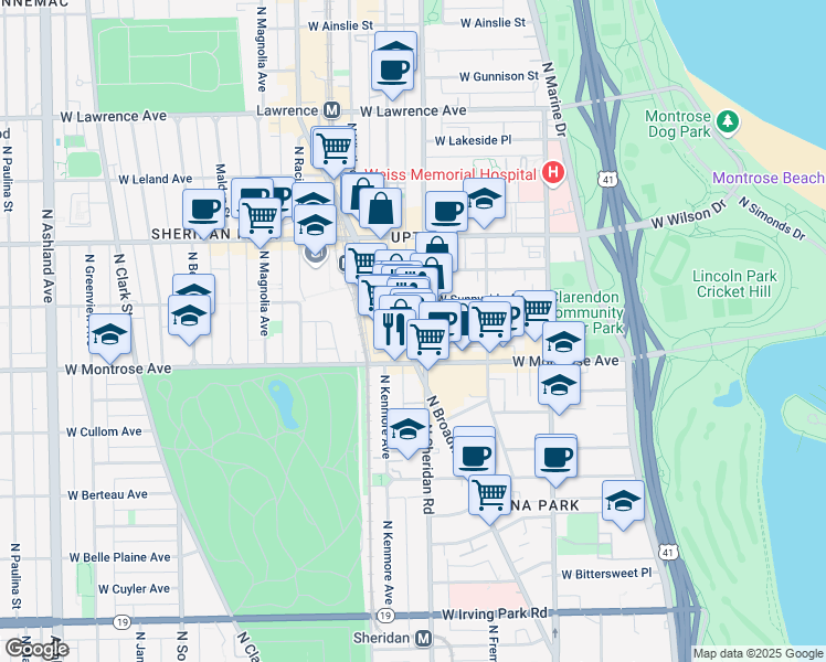 map of restaurants, bars, coffee shops, grocery stores, and more near 4427 North Broadway in Chicago