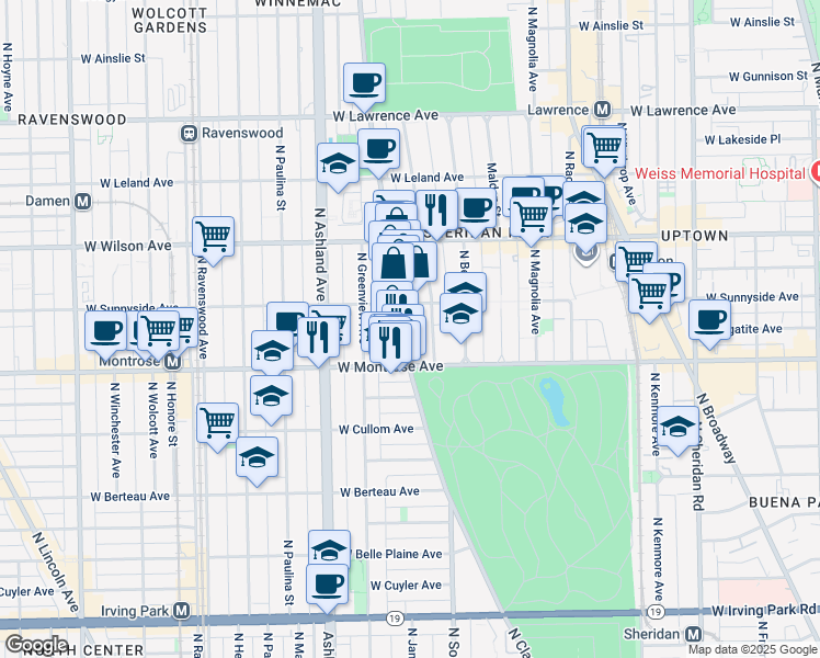 map of restaurants, bars, coffee shops, grocery stores, and more near 4415 North Clark Street in Chicago