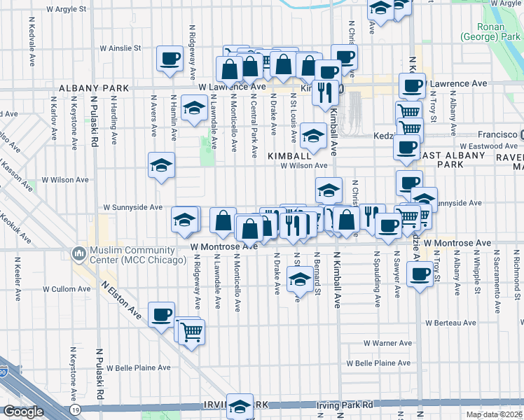 map of restaurants, bars, coffee shops, grocery stores, and more near 4446 North Drake Avenue in Chicago