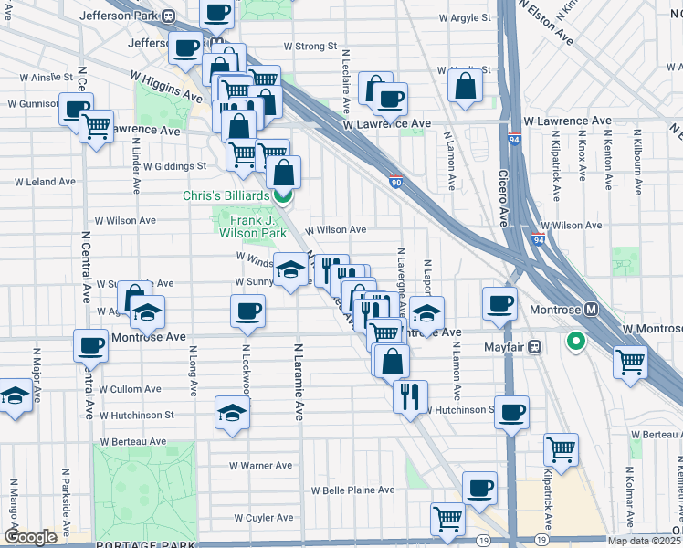 map of restaurants, bars, coffee shops, grocery stores, and more near 4440 North Milwaukee Avenue in Chicago