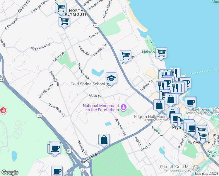map of restaurants, bars, coffee shops, grocery stores, and more near 25 Alden Street in Plymouth