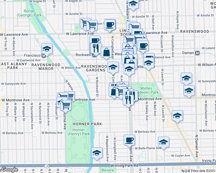 map of restaurants, bars, coffee shops, grocery stores, and more near 4440 North Campbell Avenue in Chicago
