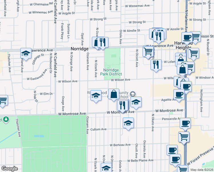 map of restaurants, bars, coffee shops, grocery stores, and more near 7700 West Windsor Avenue in Norridge