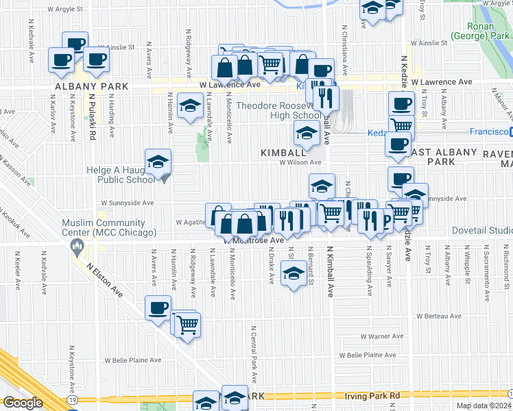 map of restaurants, bars, coffee shops, grocery stores, and more near 4457 North Central Park Avenue in Chicago