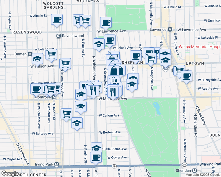 map of restaurants, bars, coffee shops, grocery stores, and more near 4423 North Greenview Avenue in Chicago
