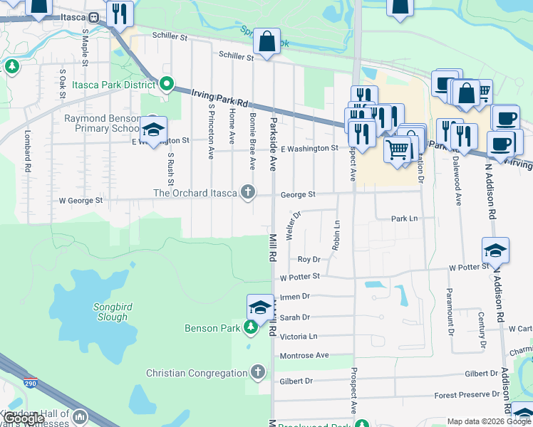 map of restaurants, bars, coffee shops, grocery stores, and more near 518 Mill Road in Itasca