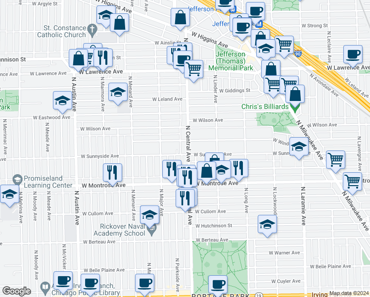 map of restaurants, bars, coffee shops, grocery stores, and more near 4508 North Central Avenue in Chicago