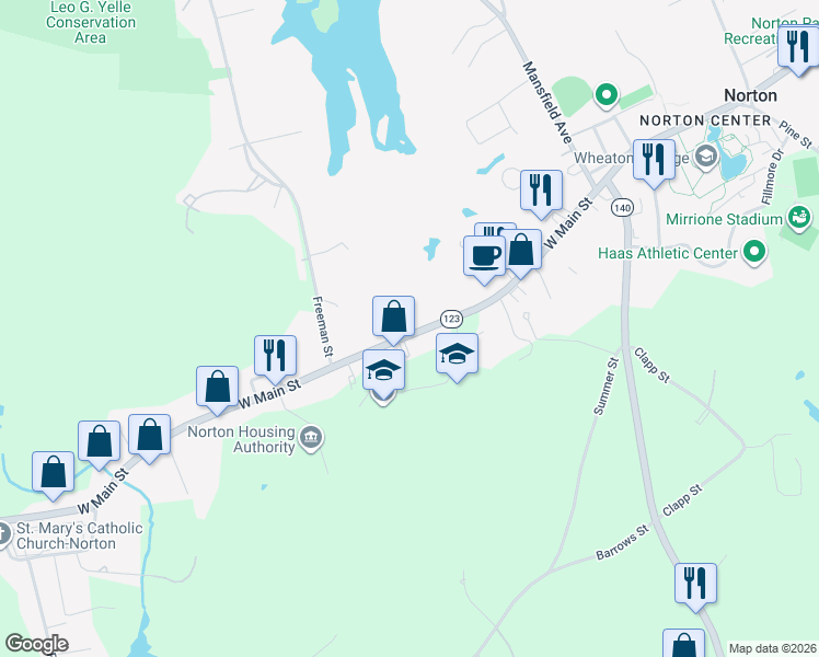 map of restaurants, bars, coffee shops, grocery stores, and more near 83 West Main Street in Norton