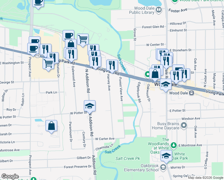 map of restaurants, bars, coffee shops, grocery stores, and more near 269 Harvey Avenue in Wood Dale